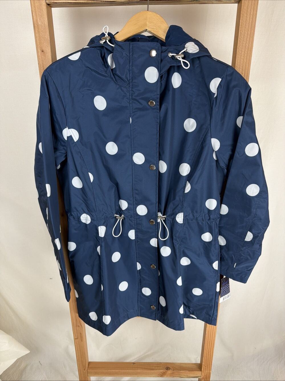 NWT Galleria Blue Polka Dot Zip & Snap Hood Drawstring Rain Coat #0941 Size XS